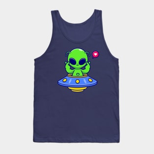 Cute Alien Riding UFO With Love Sign Cartoon Tank Top